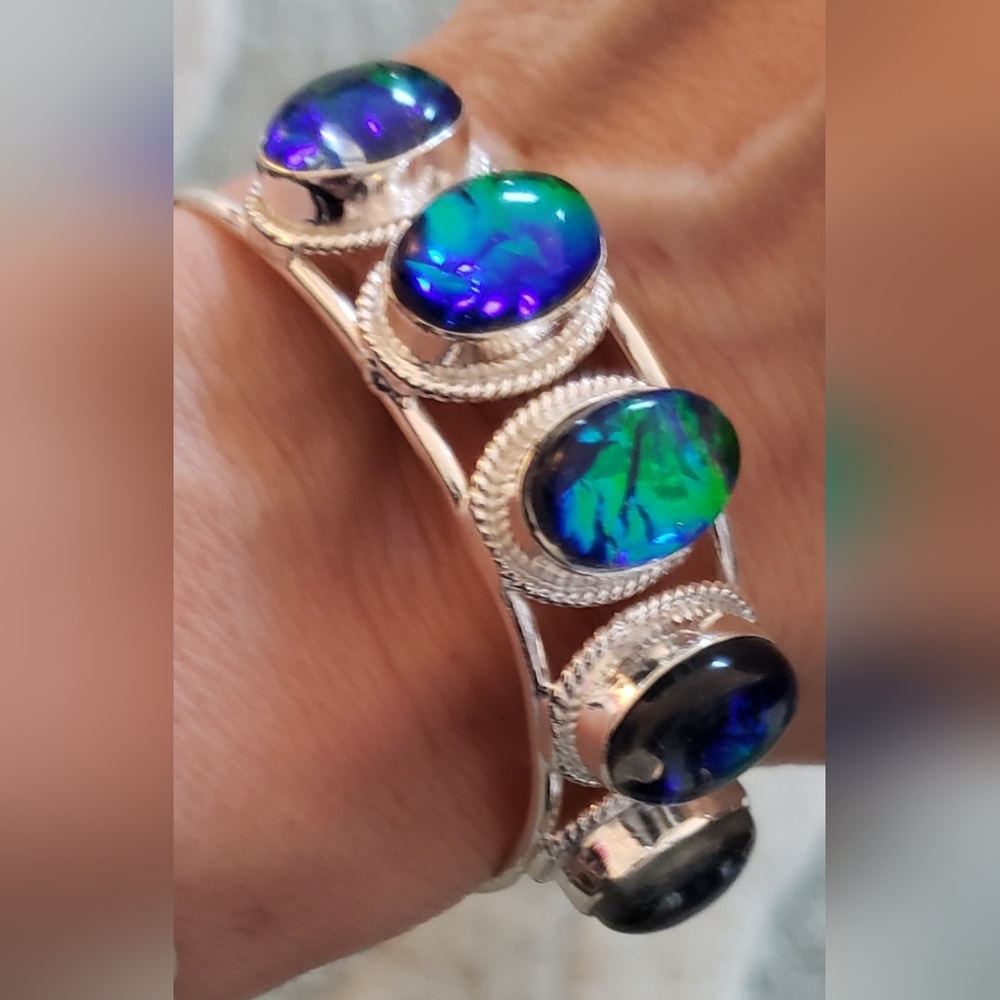 Handmade sterling blue green opal triplicate cuff bracelet.